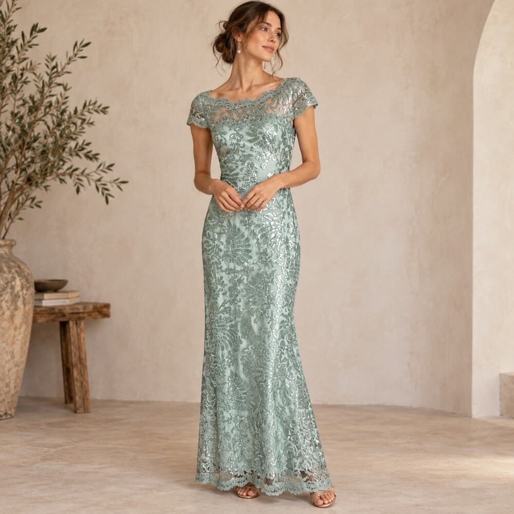 Tadashi Shoji Sequin Lace Gown Size 4 Seafoam Green Petite Friendly